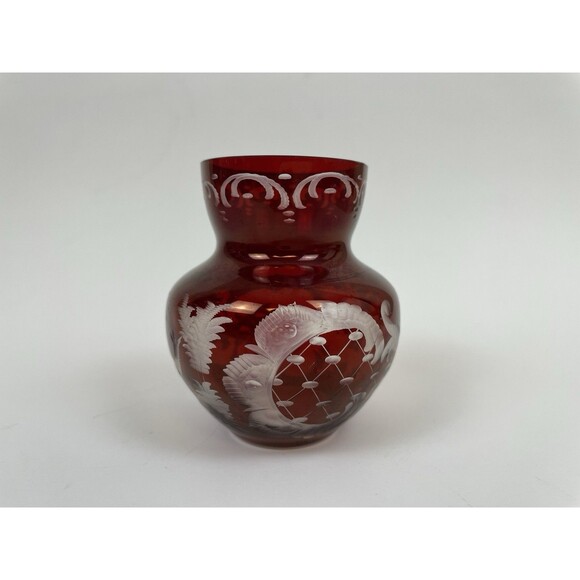 Vintage Egermann Czech Ruby Red Cut to Clear Etched Glass Mini Vase 3" - Picture 6 of 14